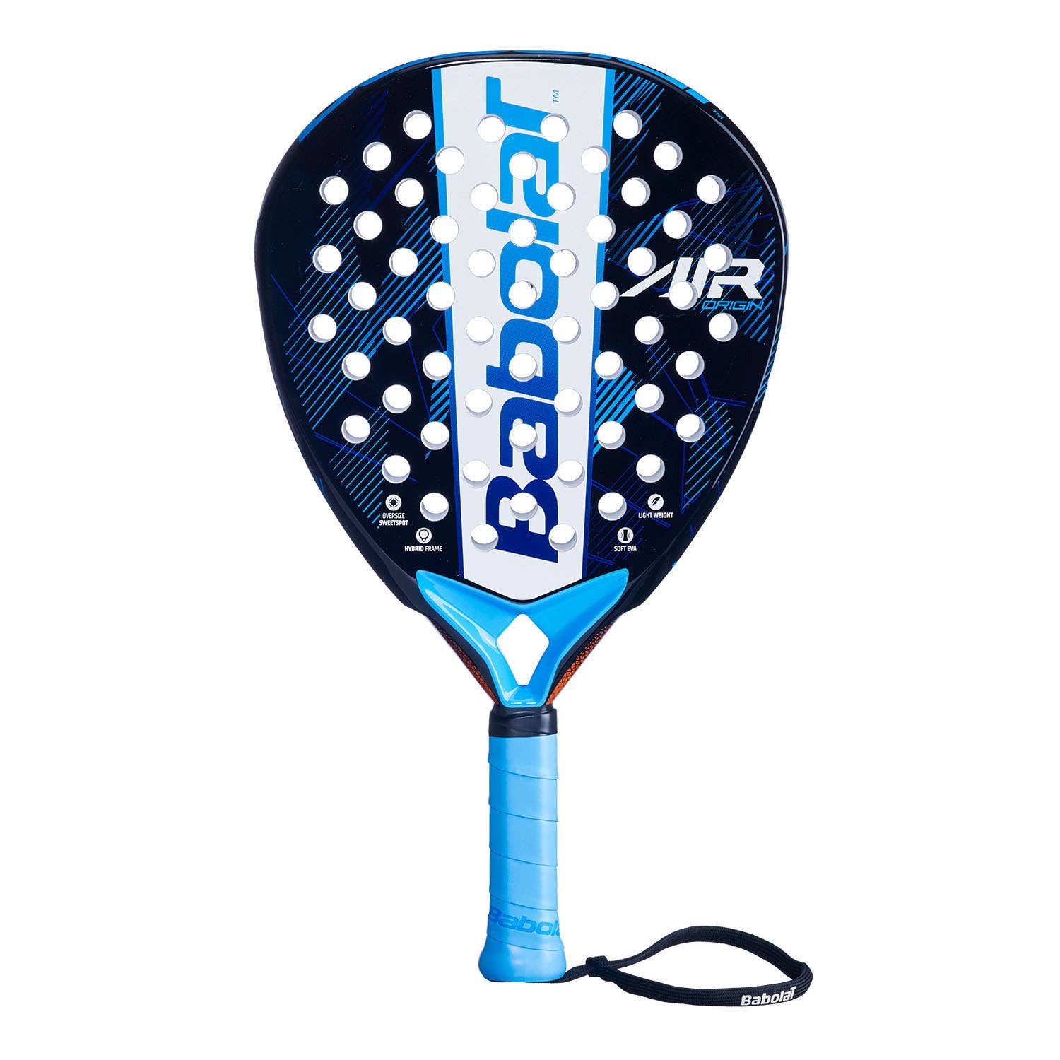Padel racket Babolat Air Origin, blue and navy with white perforated face and wrist strap on Tampa Home & Garden Store