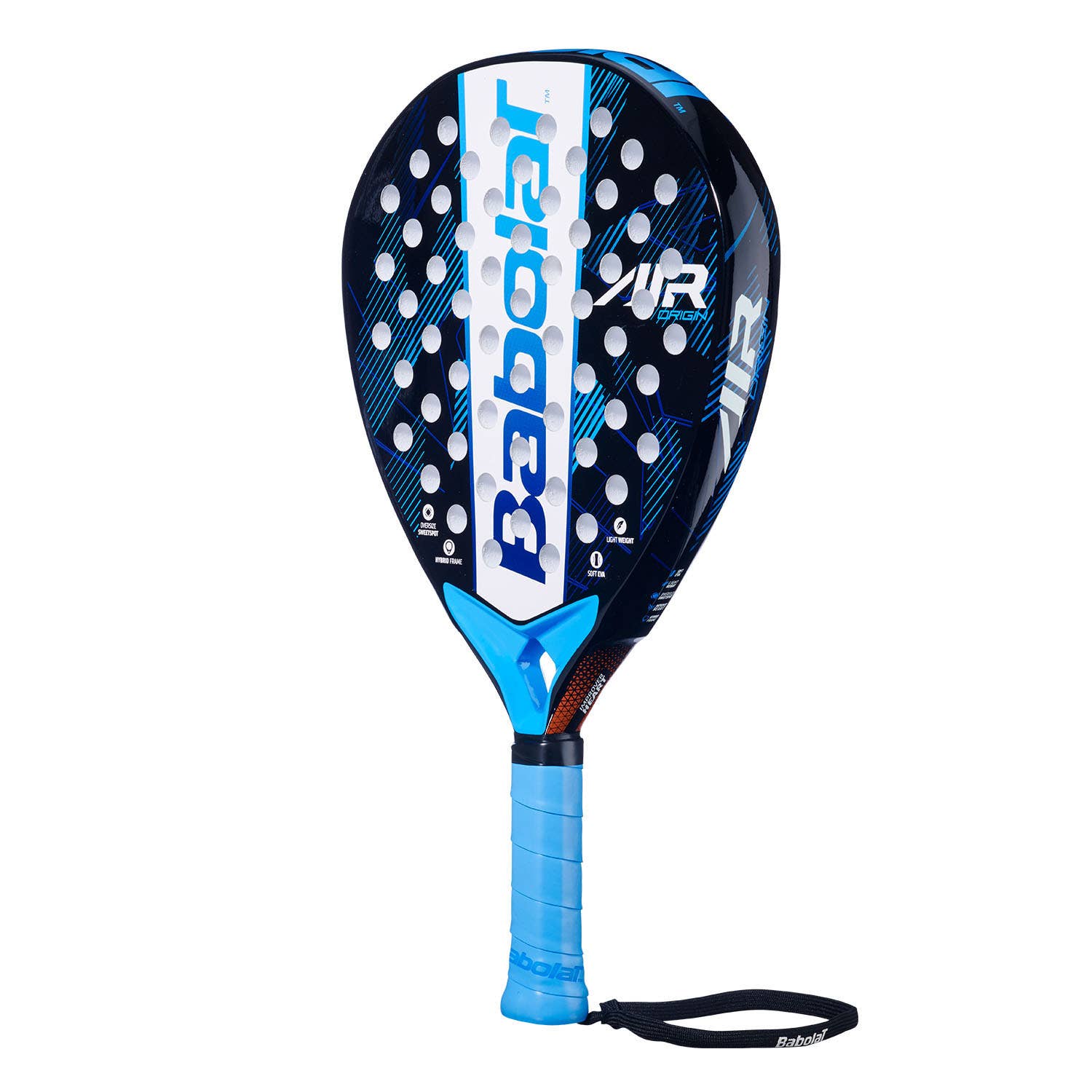 Babolat Air Origin Padel Racket navy blue with bright blue grip and black wrist strap on Tampa Home & Garden Store