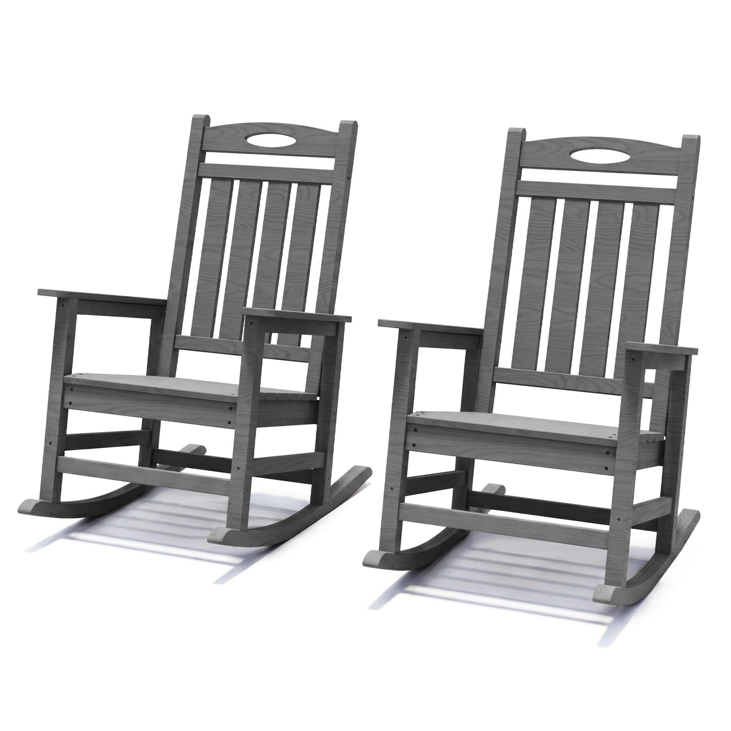 Outdoor rocking chairs set of 2 in grey HDPE with oval back cutouts and curved rockers on Tampa Home & Garden Store