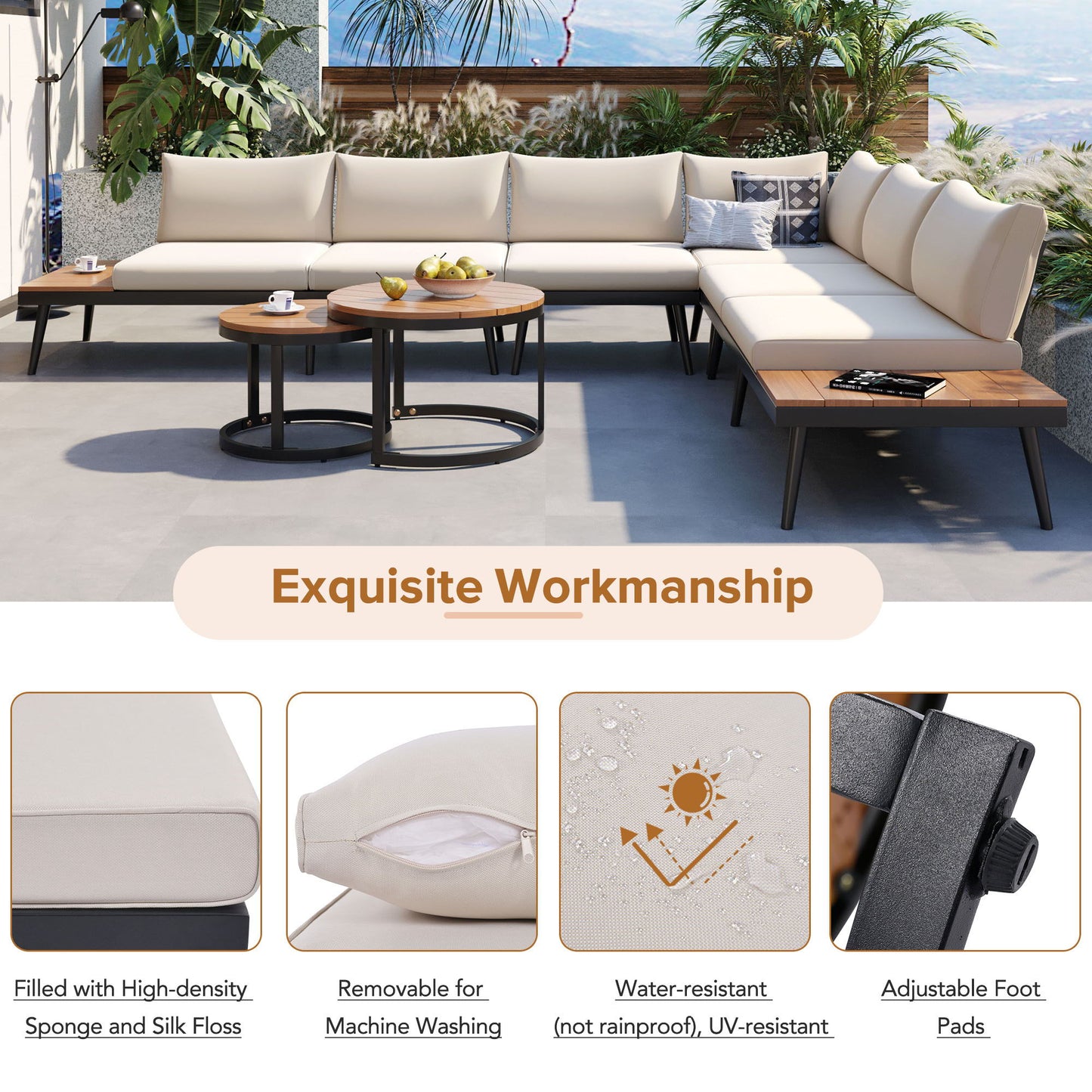 HouseOfZazla 6-Piece Modern Outdoor Sectional Sofa Set with Nesting Coffee Tables in beige cushions on Tampa Home & Garden Store