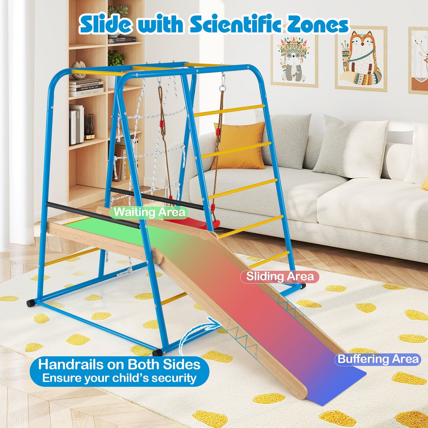 6-in-1 Indoor Jungle Gym with Slide for Boys and Girls 3+ Years Old-Blue