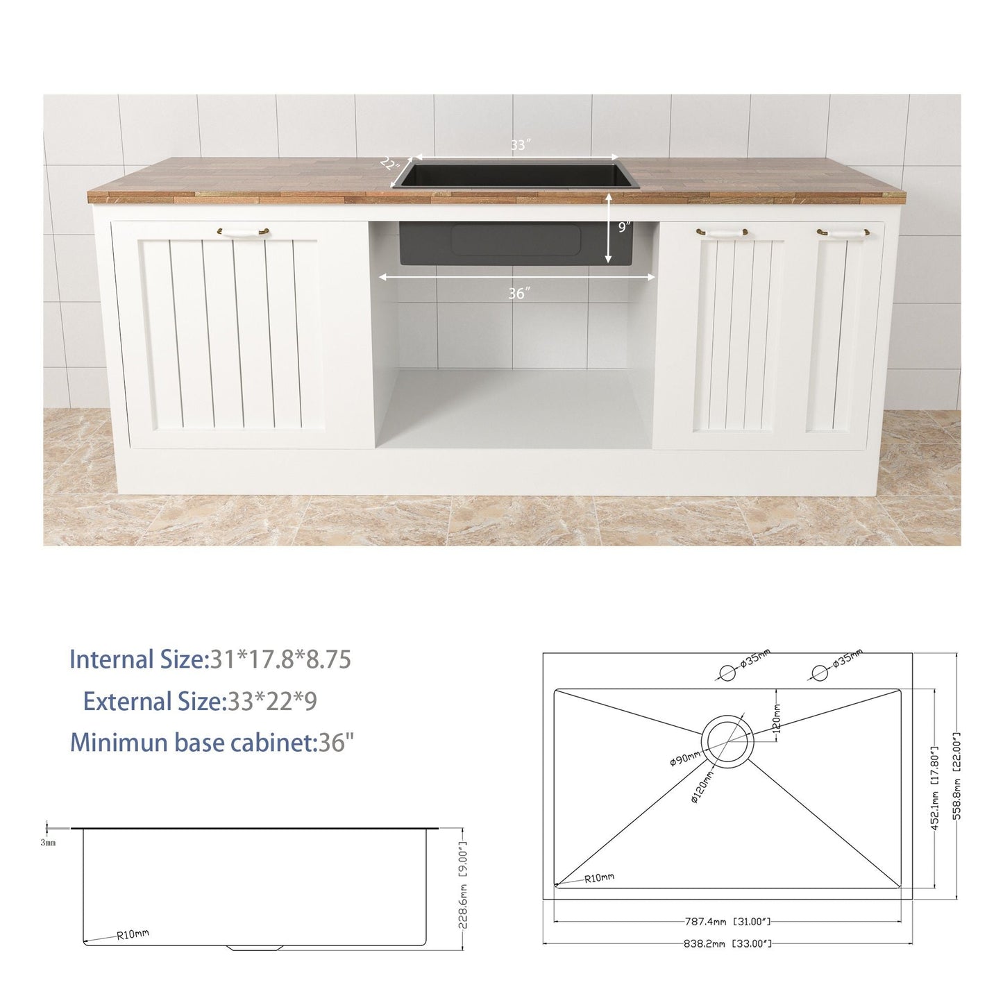 Topmount stainless sink by HouseOfZazla with black basin on white cabinet island 33in wide on Tampa Home & Garden Store
