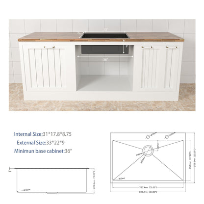Topmount stainless sink by HouseOfZazla with black basin on white cabinet island 33in wide on Tampa Home & Garden Store