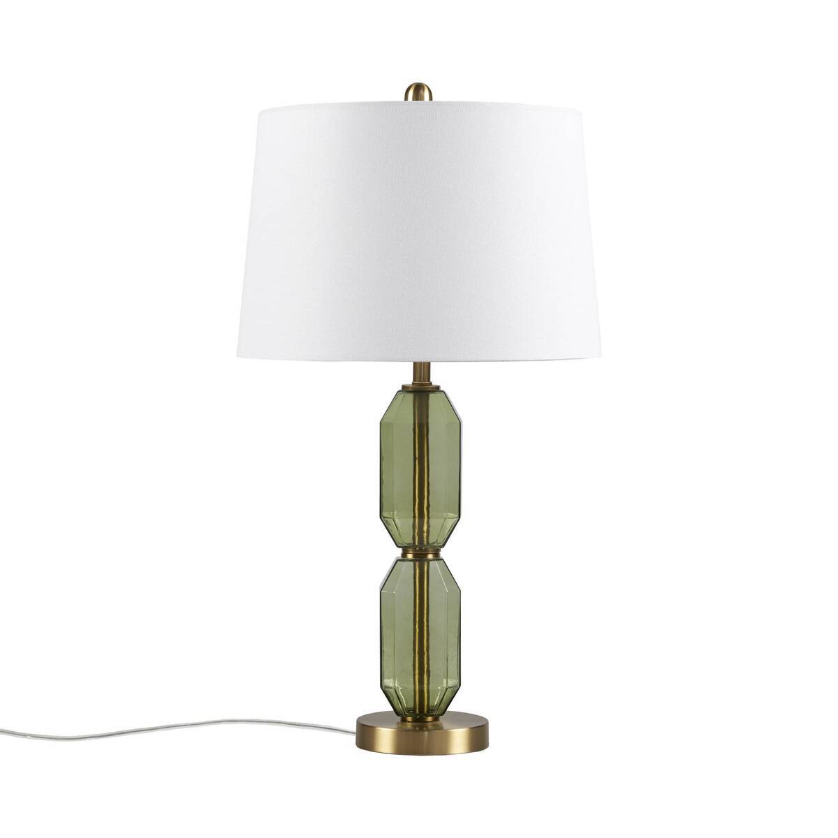 Faceted green glass table lamp with white shade and brass base by HouseOfZazla on Tampa Home & Garden Store