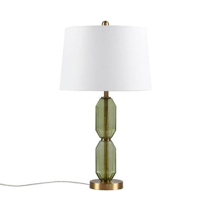 Faceted green glass table lamp with white shade and brass base by HouseOfZazla on Tampa Home & Garden Store