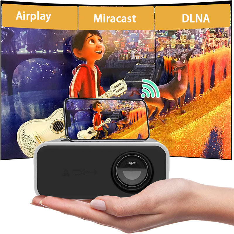 YT300 portable projector by My Store with black body; phone on top for wireless screen cast on Tampa Home & Garden Store