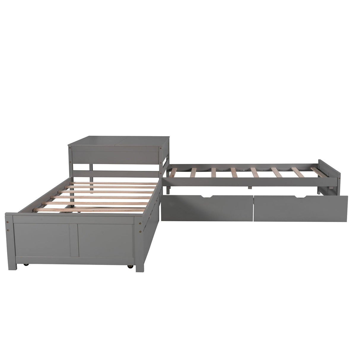 L-shaped platform bed with built-in desk, gray metal finish, includes trundle and 2 drawers on Tampa Home & Garden Store
