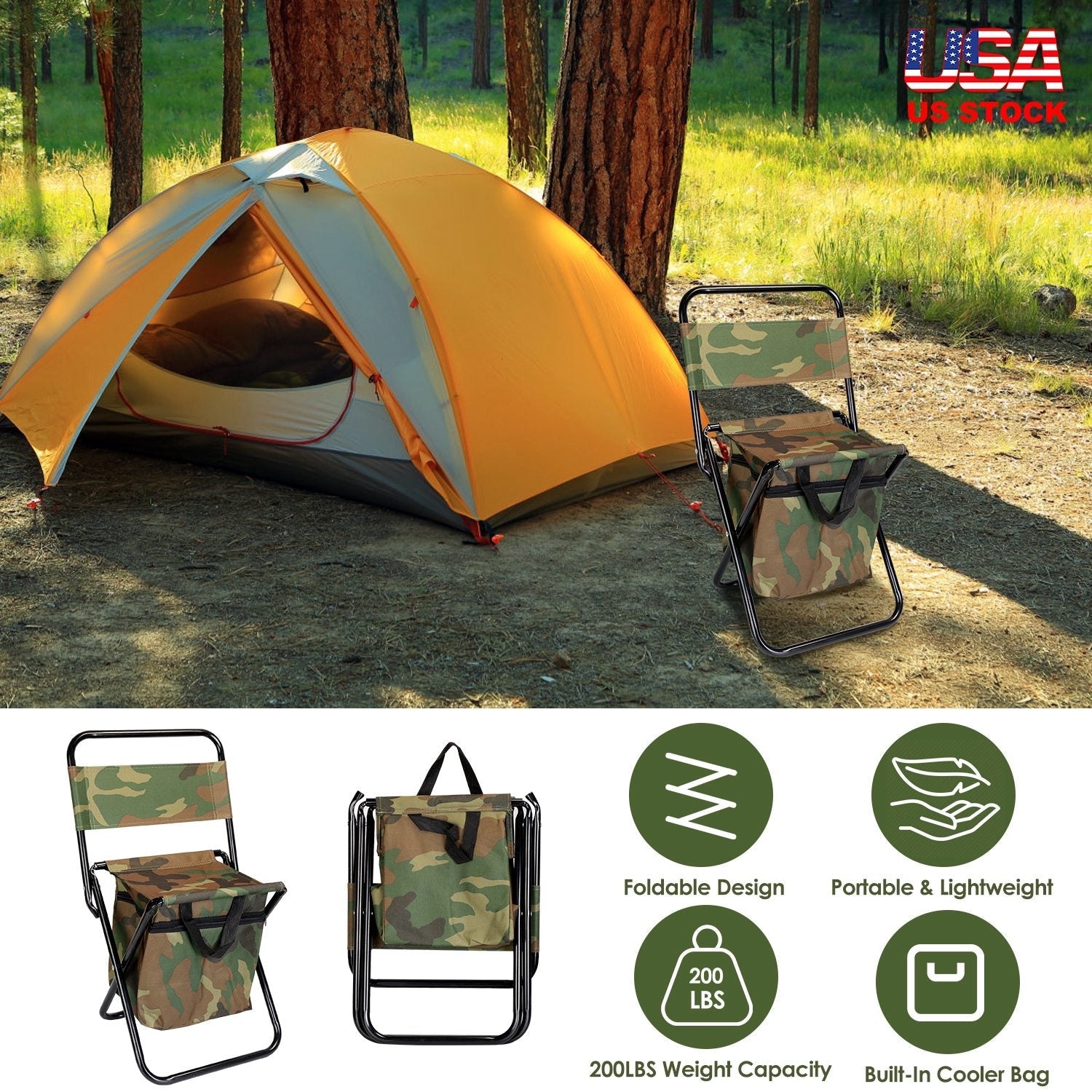 GemGear camo folding fishing chair with built-in cooler bag and backrest beside camping tent on Tampa Home & Garden Store