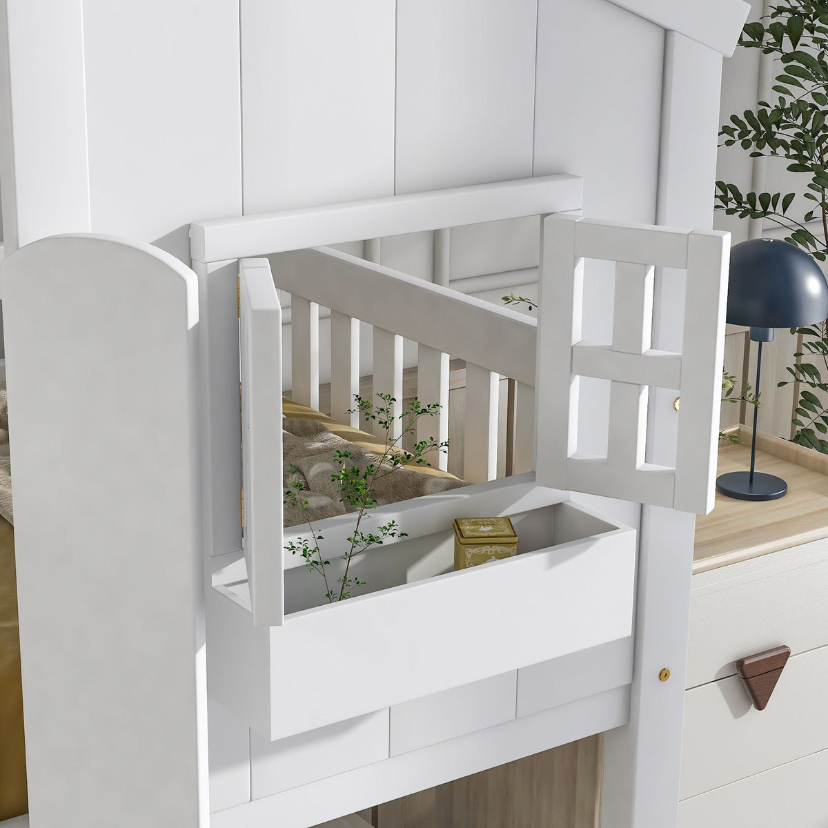 House bunk bed, roof, window box, door, safety guardrails and ladder in white by HouseOfZazla on Tampa Home & Garden Store