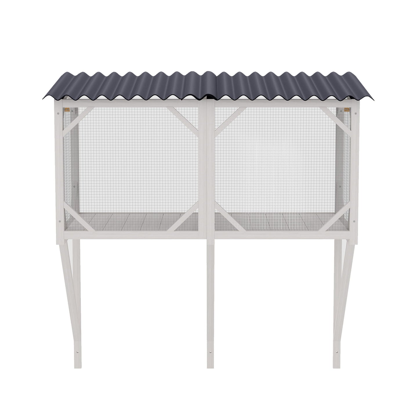 Cat Window Box on white wooden stand with gray corrugated roof and wire mesh sides on Tampa Home & Garden Store