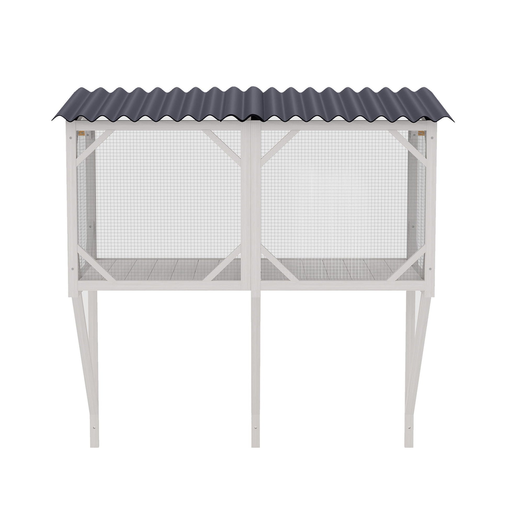 Cat Window Box on white wooden stand with gray corrugated roof and wire mesh sides on Tampa Home & Garden Store