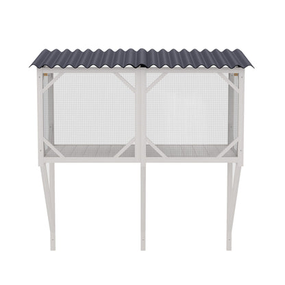 Cat Window Box on white wooden stand with gray corrugated roof and wire mesh sides on Tampa Home & Garden Store