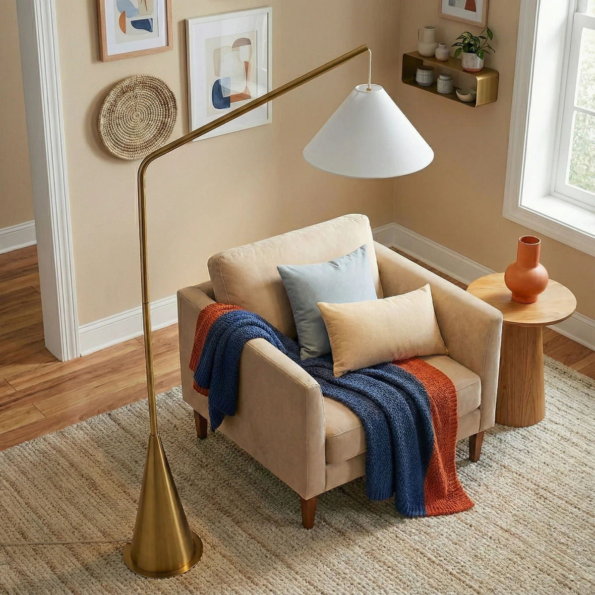 Lisbon floor lamp with on/off switch, coned white shade, antique brass base, HouseOfZazla on Tampa Home & Garden Store
