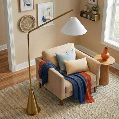 Lisbon floor lamp with on/off switch, coned white shade, antique brass base, HouseOfZazla on Tampa Home & Garden Store
