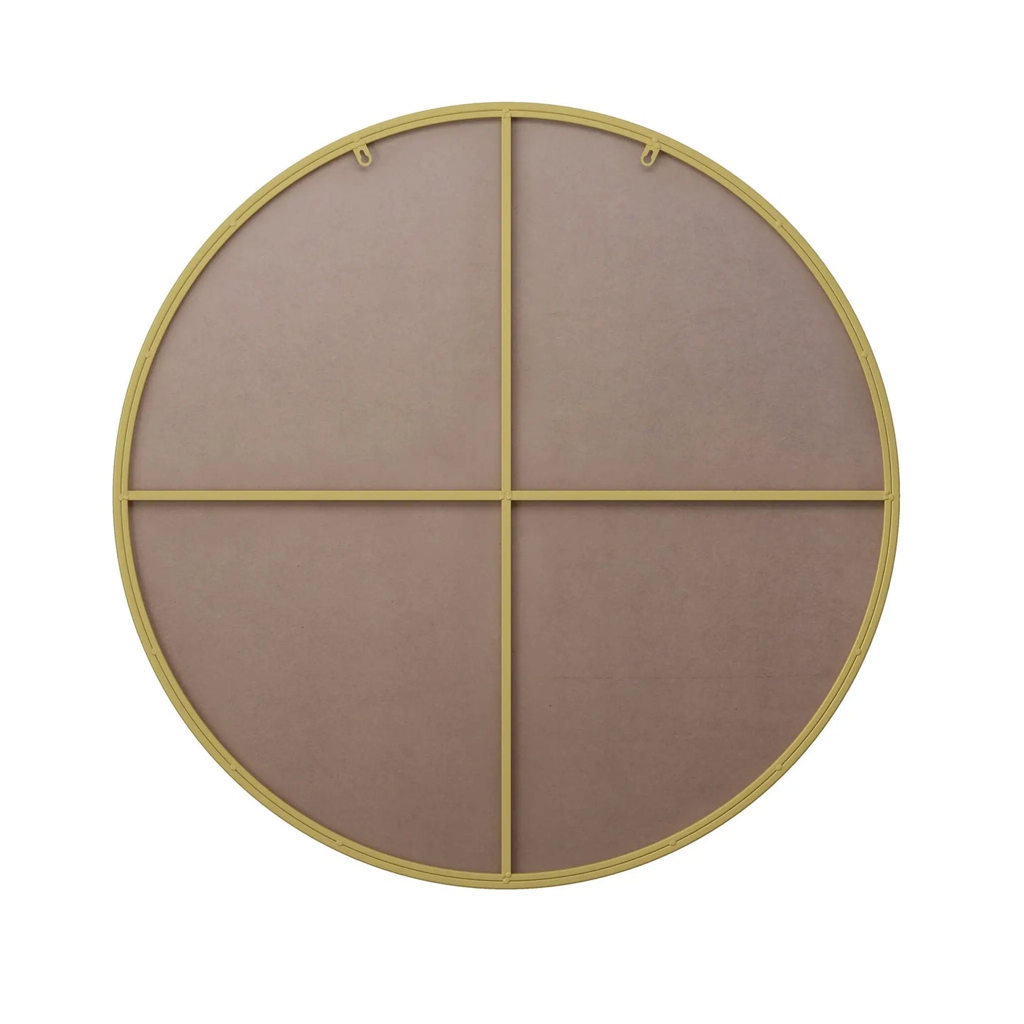 Round wall mirror with gold metal frame and four-panel cross divider for bathroom decor on Tampa Home & Garden Store