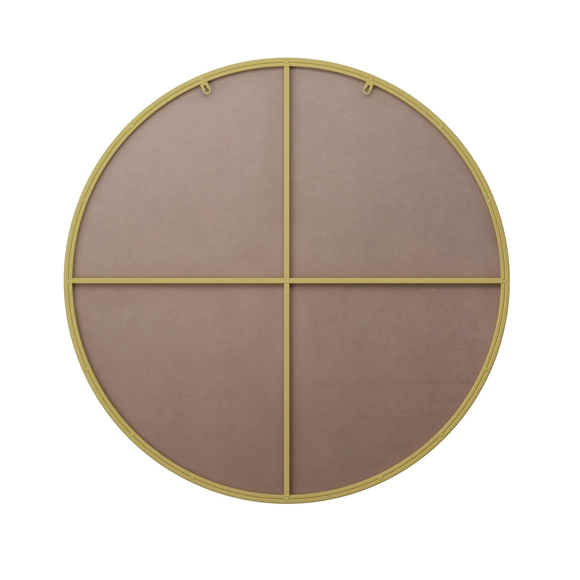 Round wall mirror with gold metal frame and four-panel cross divider for bathroom decor on Tampa Home & Garden Store