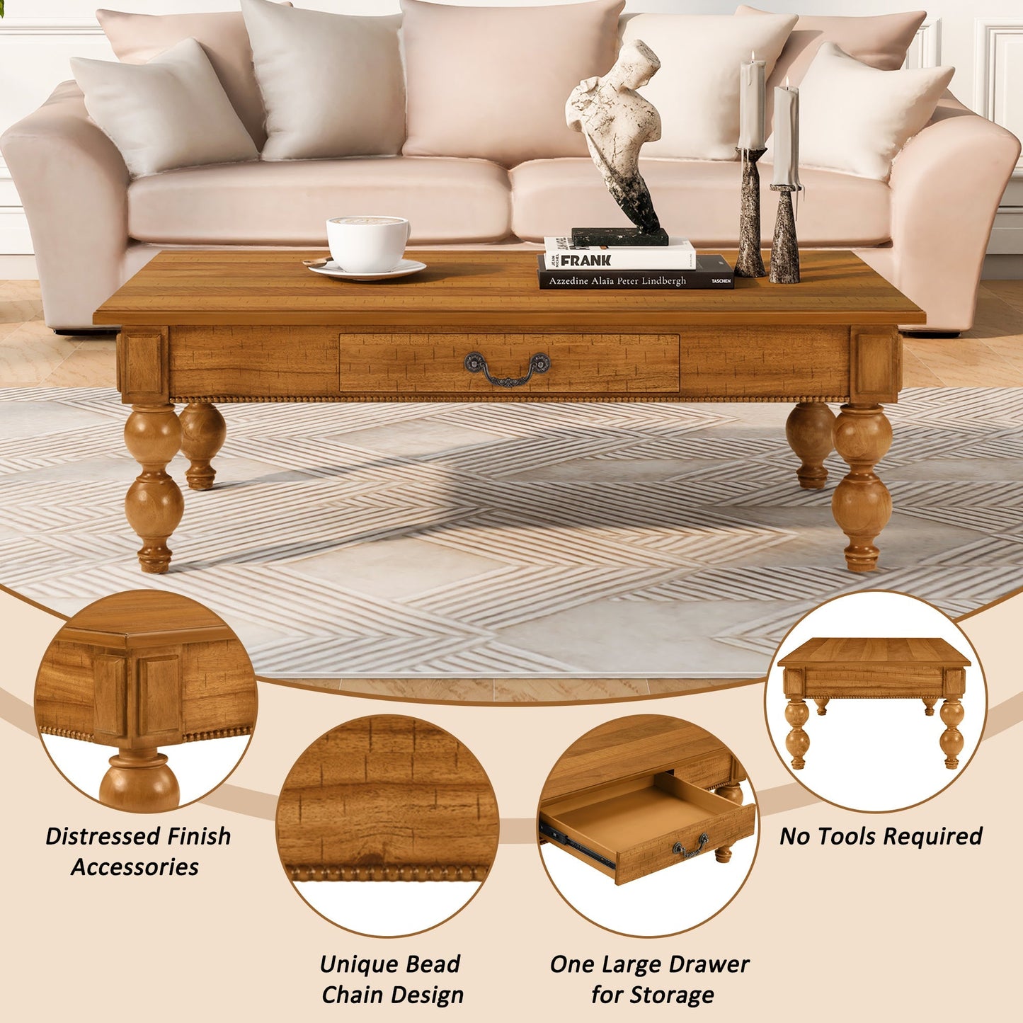 Rectangular wooden coffee table with storage drawer warm oak finish and rounded bun feet on Tampa Home & Garden Store