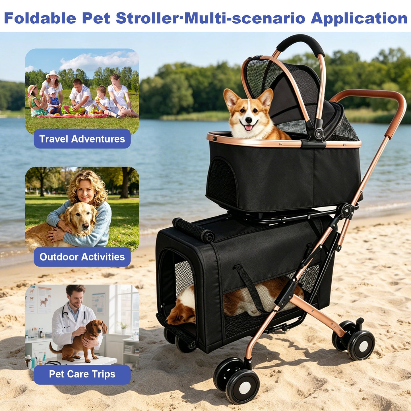 HouseOfZazla Double Pet Stroller for small and medium dogs and cats with tan frame on Tampa Home & Garden Store