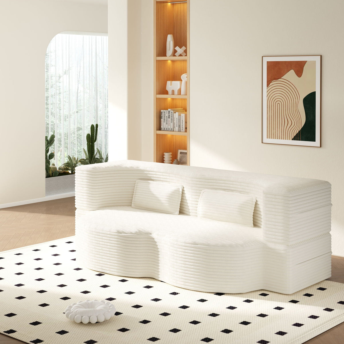 Floor sofa with 2 pillows, white ribbed upholstery, convertible twin mattress by HouseOfZazla on Tampa Home & Garden Store