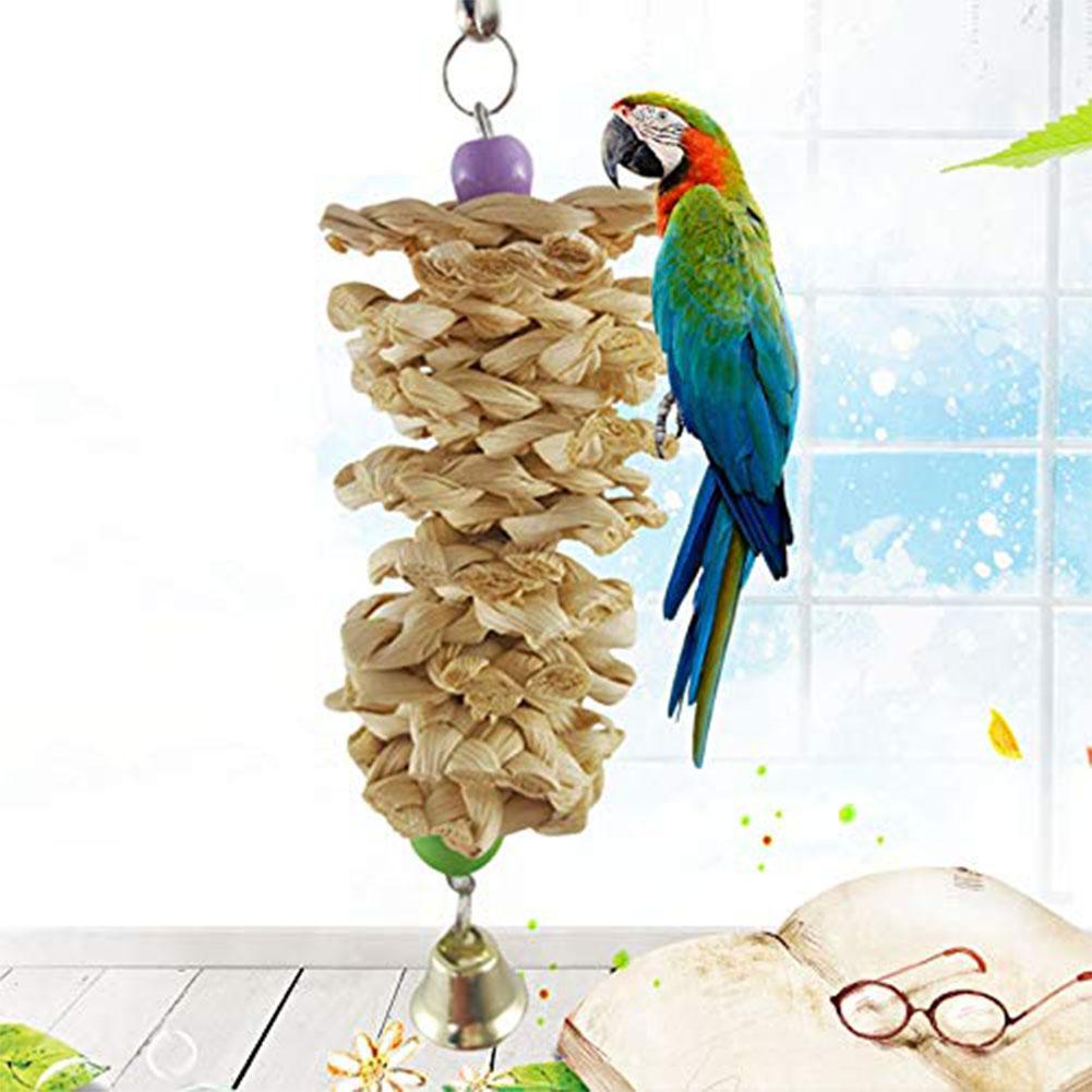 Bird parrot toy with bell, natural wooden grass bite hanging cage, green-blue macaw on Tampa Home & Garden Store