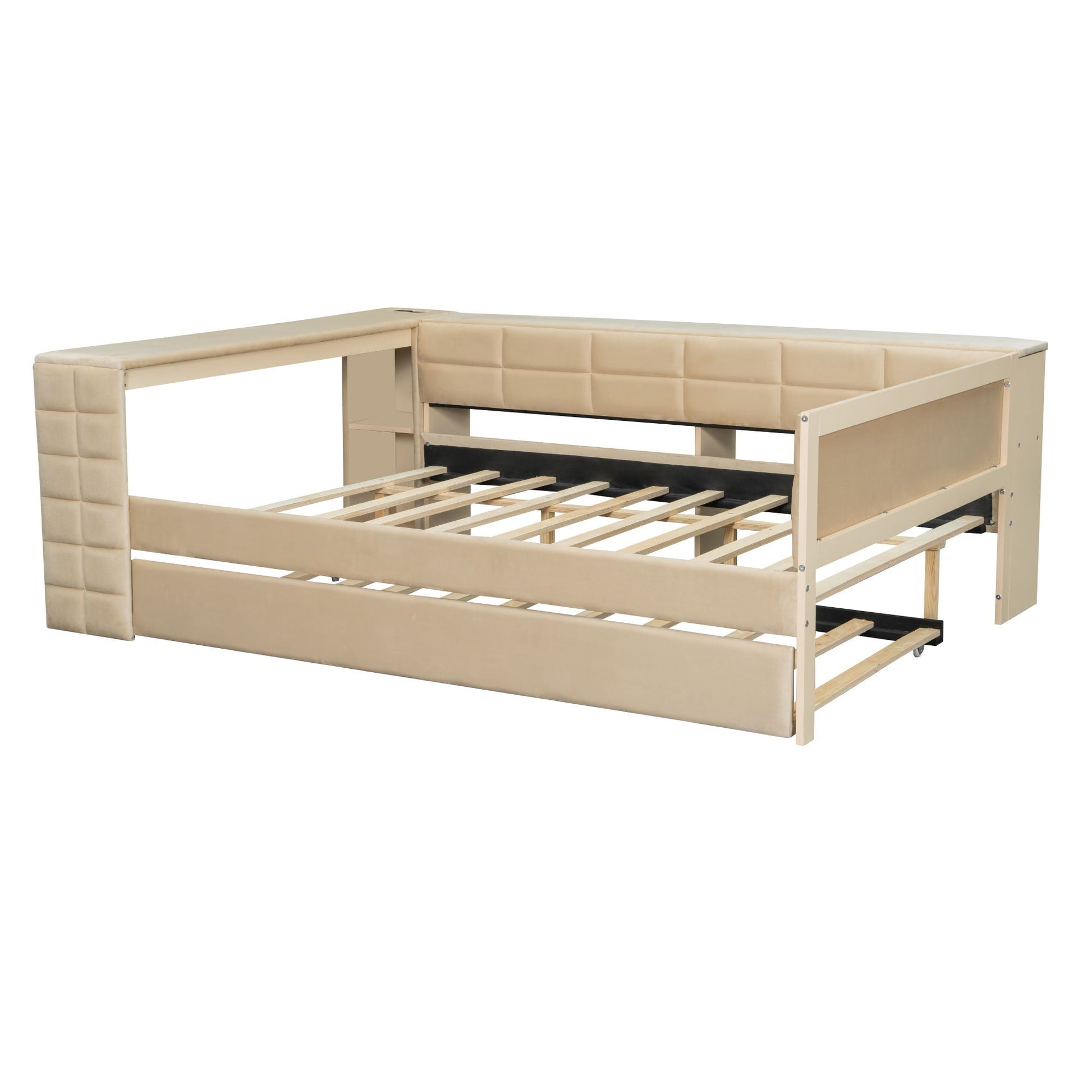 Upholstered platform bed with tufted beige headboard, HouseOfZazla trundle frame on Tampa Home & Garden Store