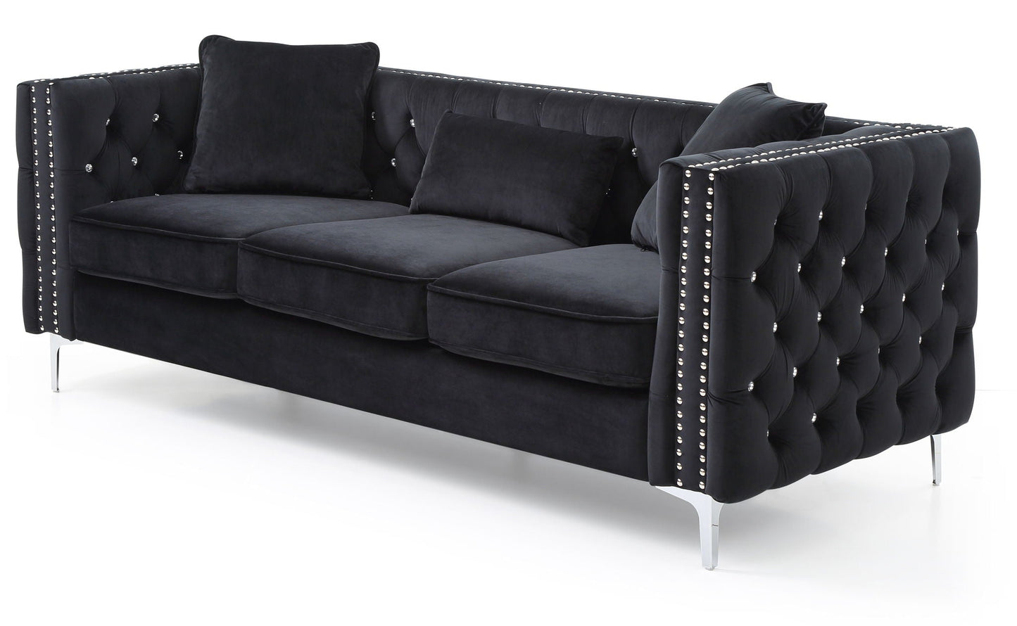 Paige - Sofa black velvet tufted with studded edges and chrome legs on Tampa Home & Garden Store