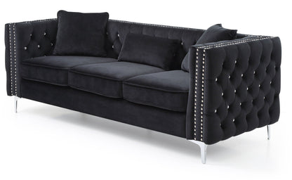Paige - Sofa black velvet tufted with studded edges and chrome legs on Tampa Home & Garden Store