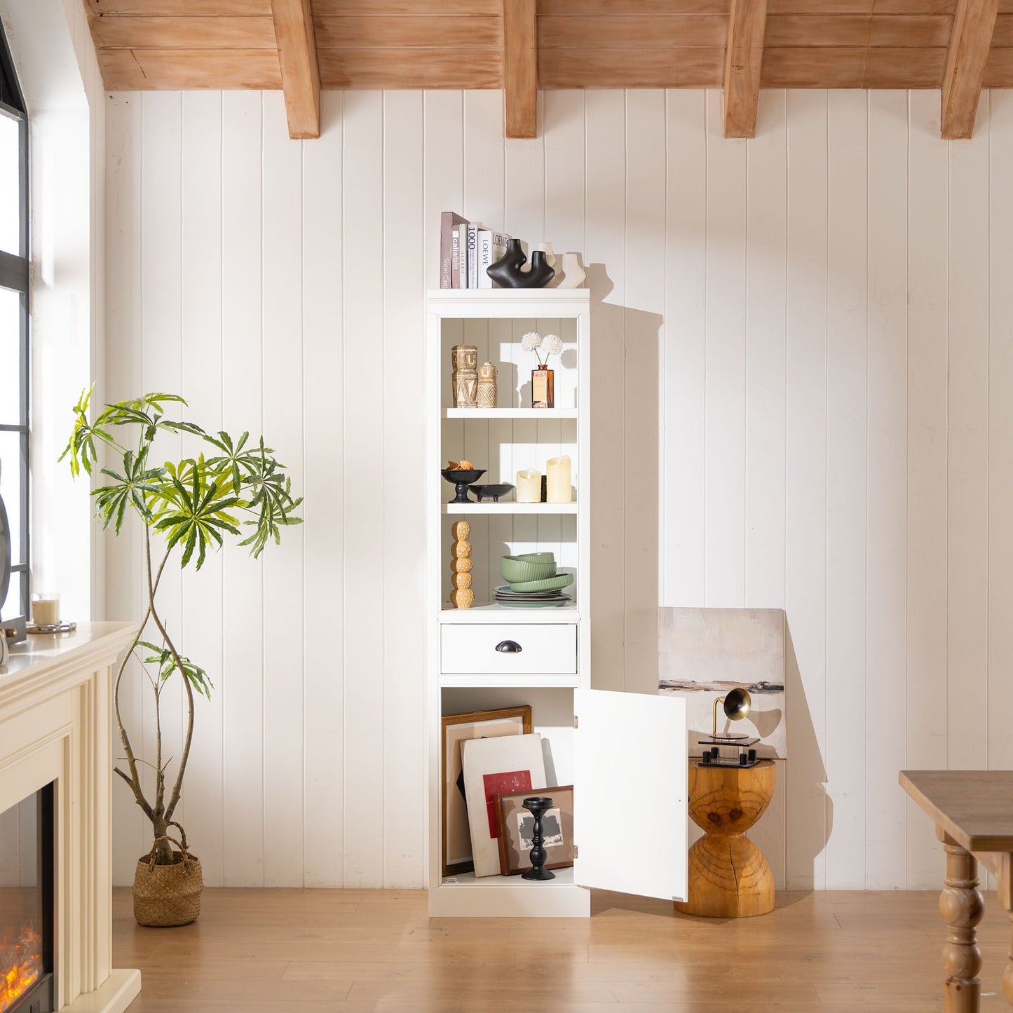 Retro White Tall Display Shelf and Cabinet