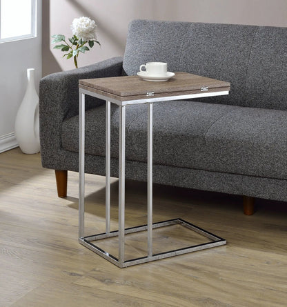 Danson Weathered Oak Accent Table with chrome metal frame beside a grey sofa on Tampa Home & Garden Store