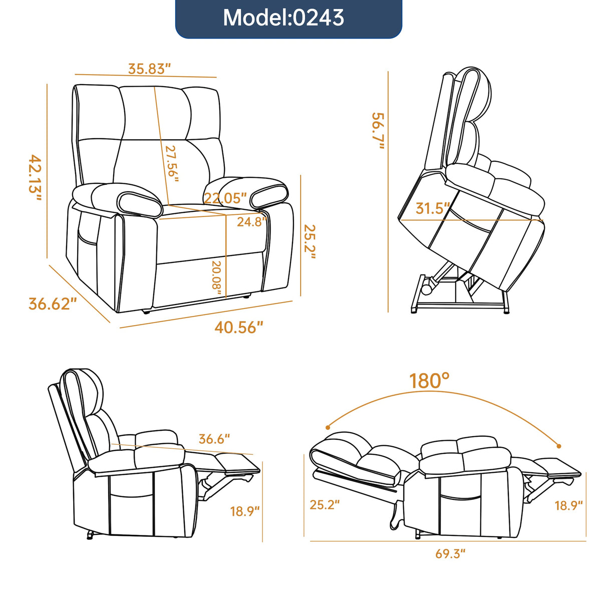 Orange Faux Leather Power Lift Massage Recliner