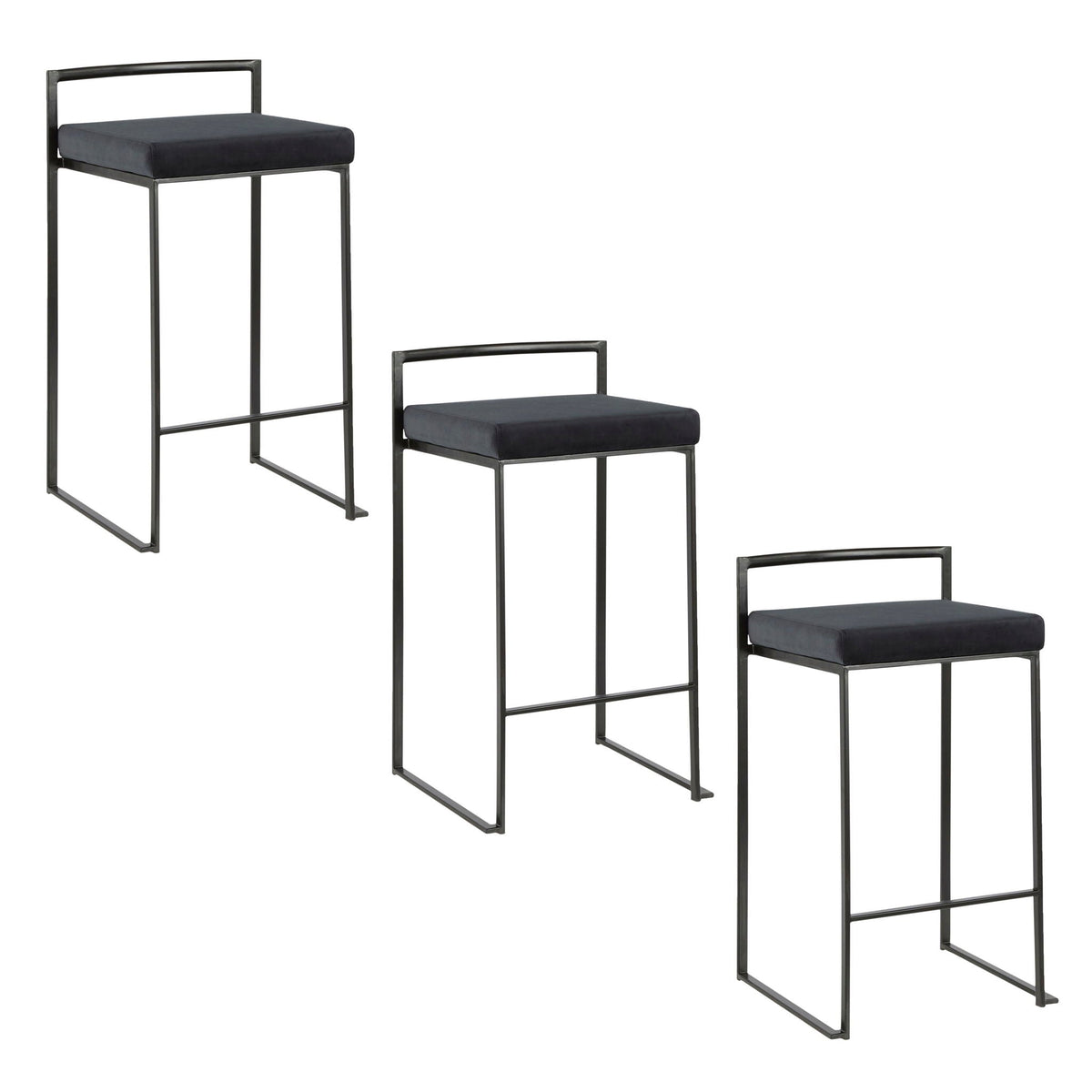 Stackable counter stools with cushioned seats, black metal frame, color options on Tampa Home & Garden Store