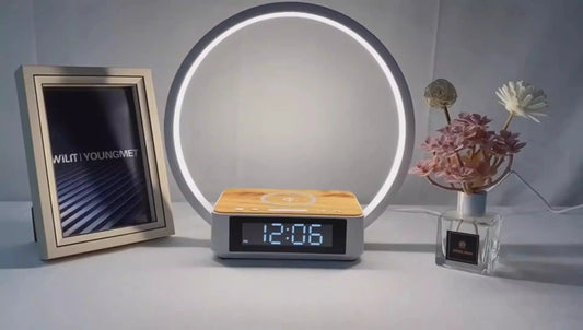 Bedhead Lamp Alarm Clock with Wireless Charging, white base, wooden top, circular LED ring on Tampa Home & Garden Store