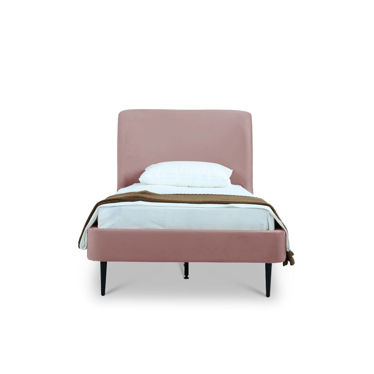 Heather Upholstered Bed with Curved Headboard in dusty pink, white bedding and dark legs on Tampa Home & Garden Store