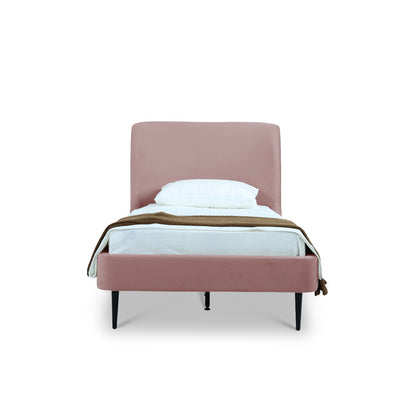 Heather Upholstered Bed with Curved Headboard in dusty pink, white bedding and dark legs on Tampa Home & Garden Store