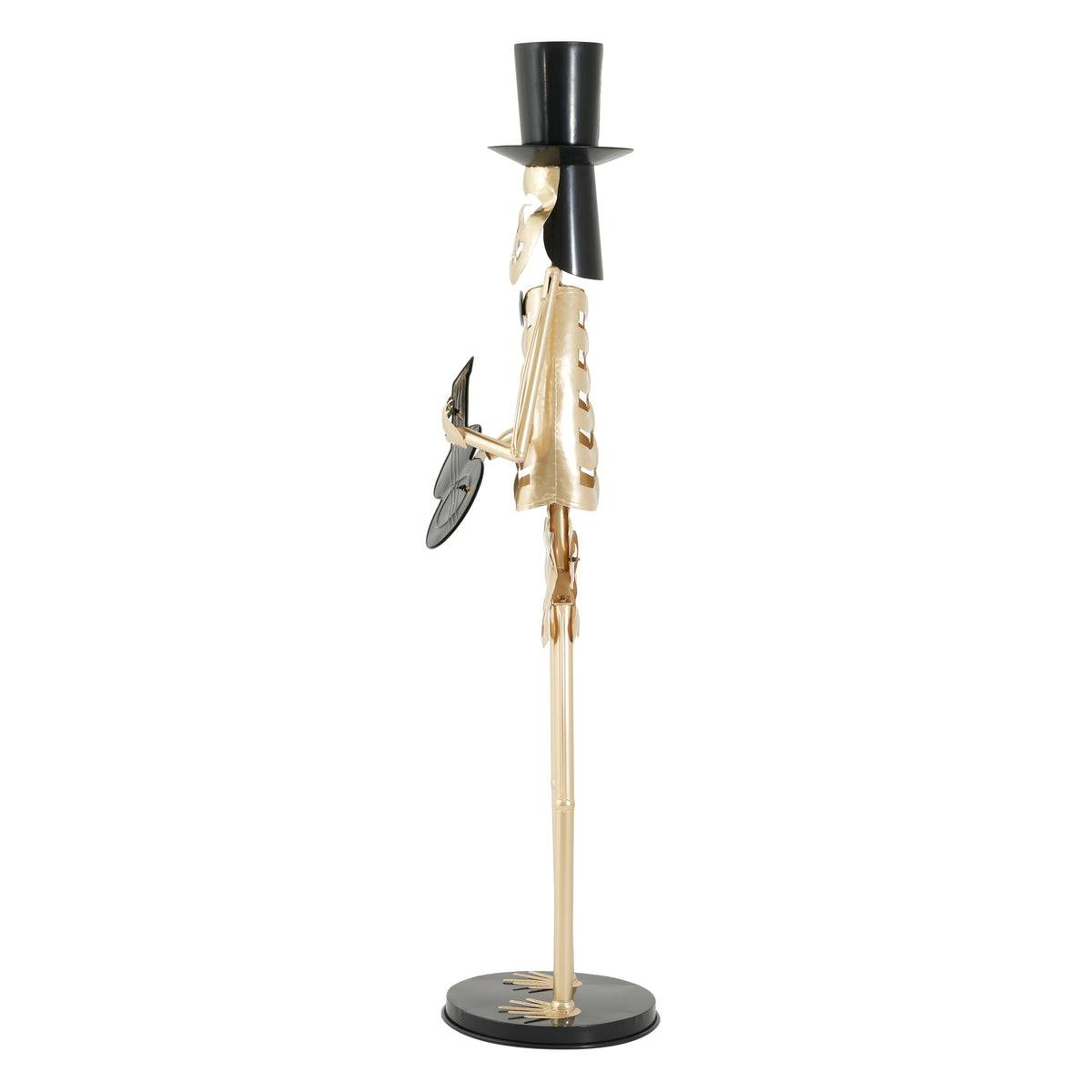 Black metal skeleton musician statue by HouseOfZazla with top hat on black base on Tampa Home & Garden Store