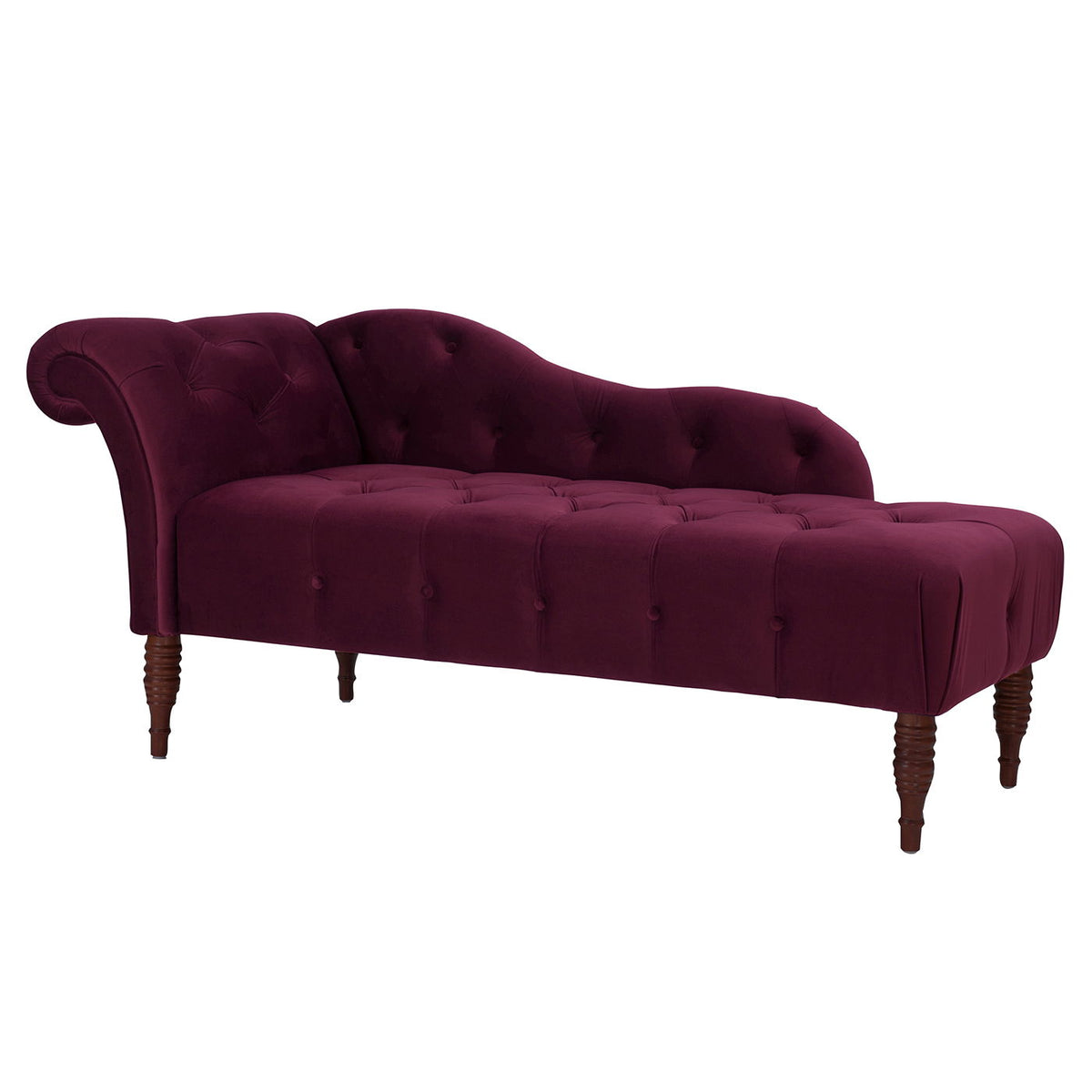 Tufted roll-arm chaise lounge in dark red velvet with button tufting and premium foam on Tampa Home & Garden Store