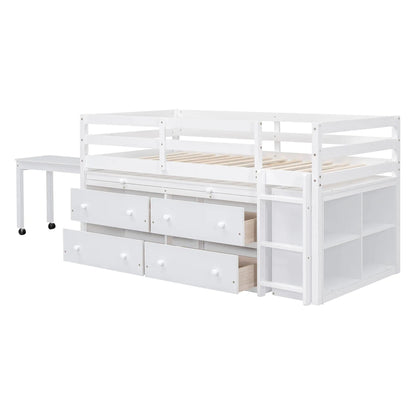 Loft bed with retractable desk, four drawers, lateral portable desk and shelves, white finish on Tampa Home & Garden Store