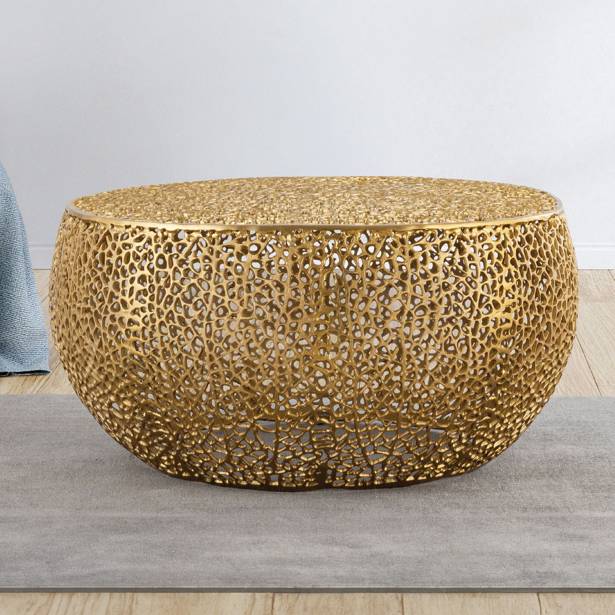 Round gold aluminum coffee table with intricate openwork lattice by HouseOfZazla on Tampa Home & Garden Store