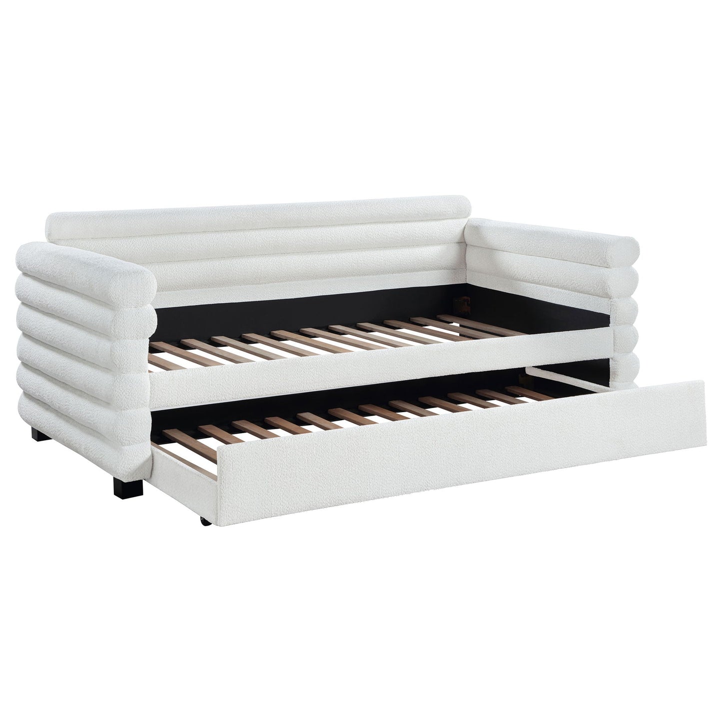 Fandango upholstered twin day bed with trundle in white fabric by HouseOfZazla wood slat base on Tampa Home & Garden Store