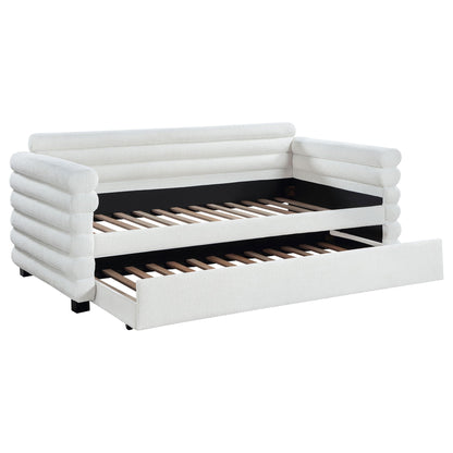 Fandango upholstered twin day bed with trundle in white fabric by HouseOfZazla wood slat base on Tampa Home & Garden Store