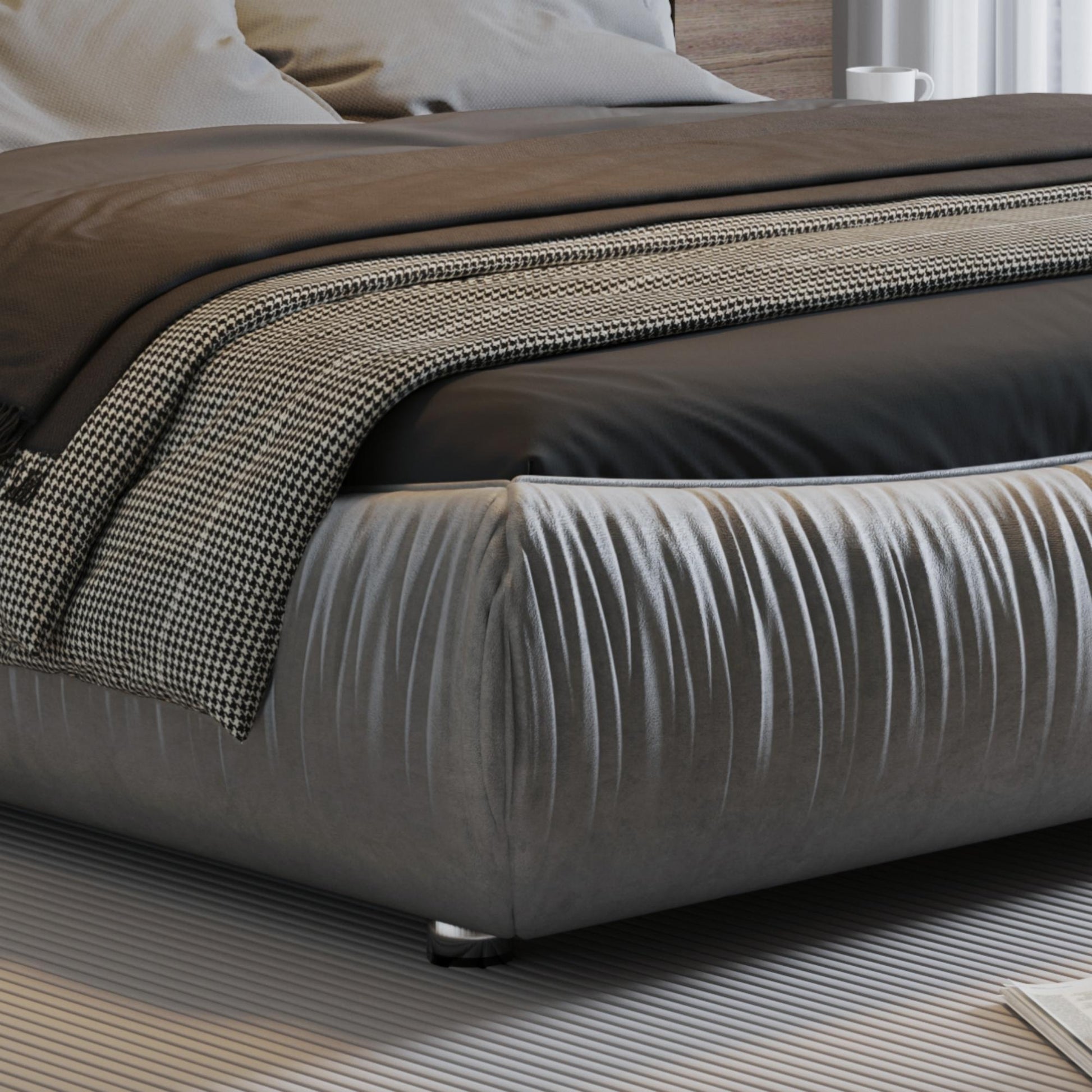 Luxury upholstered platform bed with oversized padded backrest and solid wood frame gray fabric on Tampa Home & Garden Store