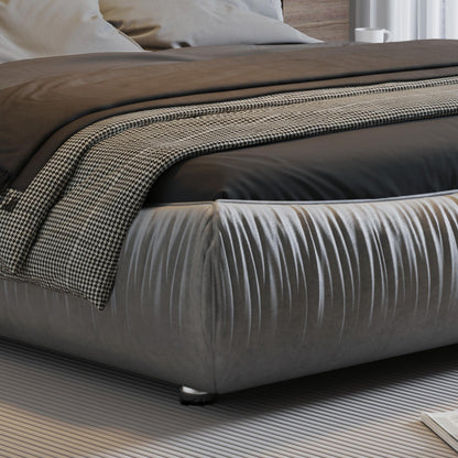 Luxury upholstered platform bed with oversized padded backrest and solid wood frame gray fabric on Tampa Home & Garden Store