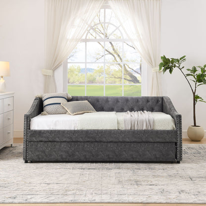 Upholstered gray daybed with nailhead trim and USB charging, pull-out bed by HouseOfZazla on Tampa Home & Garden Store