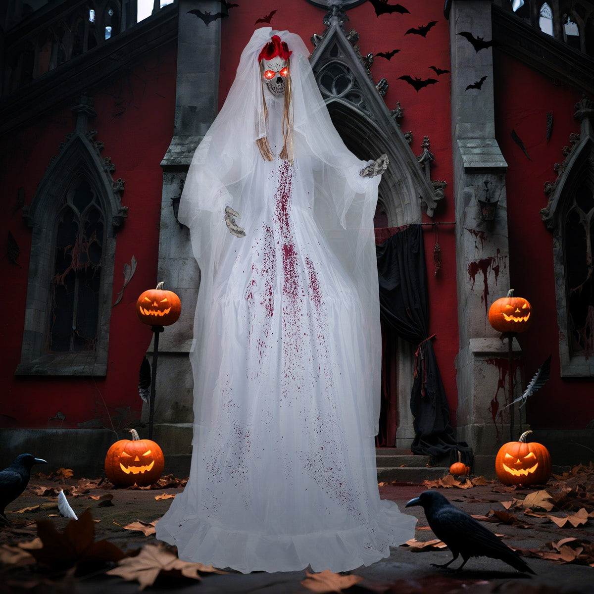 Halloween Animatronic Standing Bride 7.2 ft, white gown with blood splatter DirectDeals on Tampa Home & Garden Store