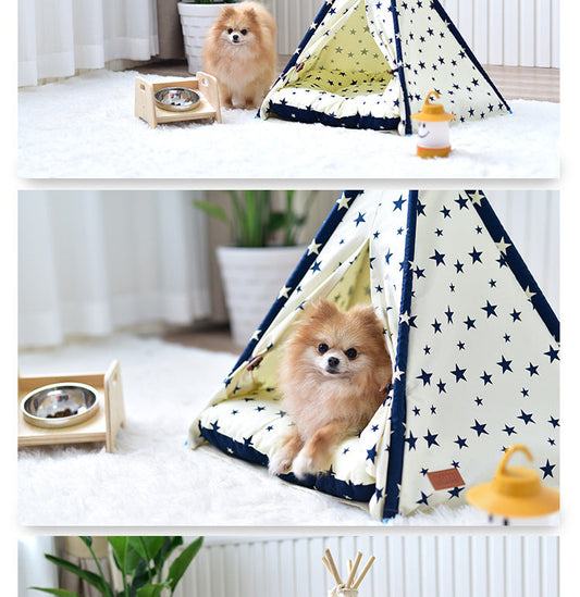 Portable washable pet tent bed with cream navy star print small dog inside Sell My Stuff on Tampa Home & Garden Store