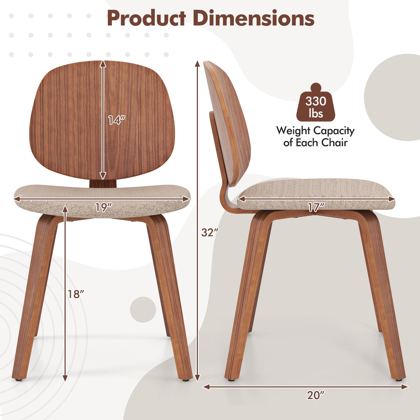 Wooden Dining Chair Set of 2 with Bentwood Frame and Padded Seat-Walnut