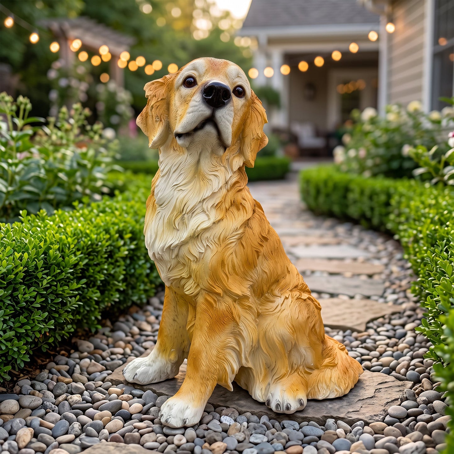 Golden Retriever garden statue with tan-gold fur finish outdoor sculpture on Tampa Home & Garden Store