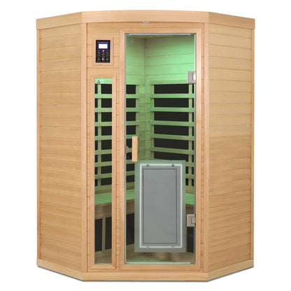 Two-person Hemlock wood infrared sauna with glass door and Bluetooth, natural finish on Tampa Home & Garden Store