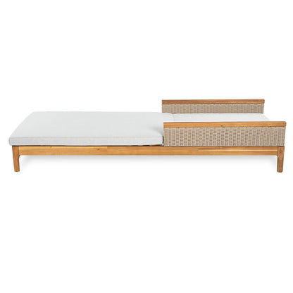 Solid acacia wood sun lounger with grey cushions and light grey wicker on Tampa Home & Garden Store