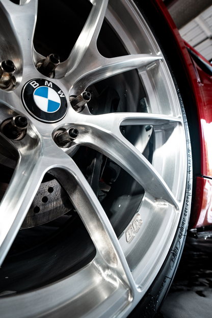 BLACKLINE WHEEL N' TIRE CLEANER on BMW alloy wheel with silver spokes and blue roundel on Tampa Home & Garden Store